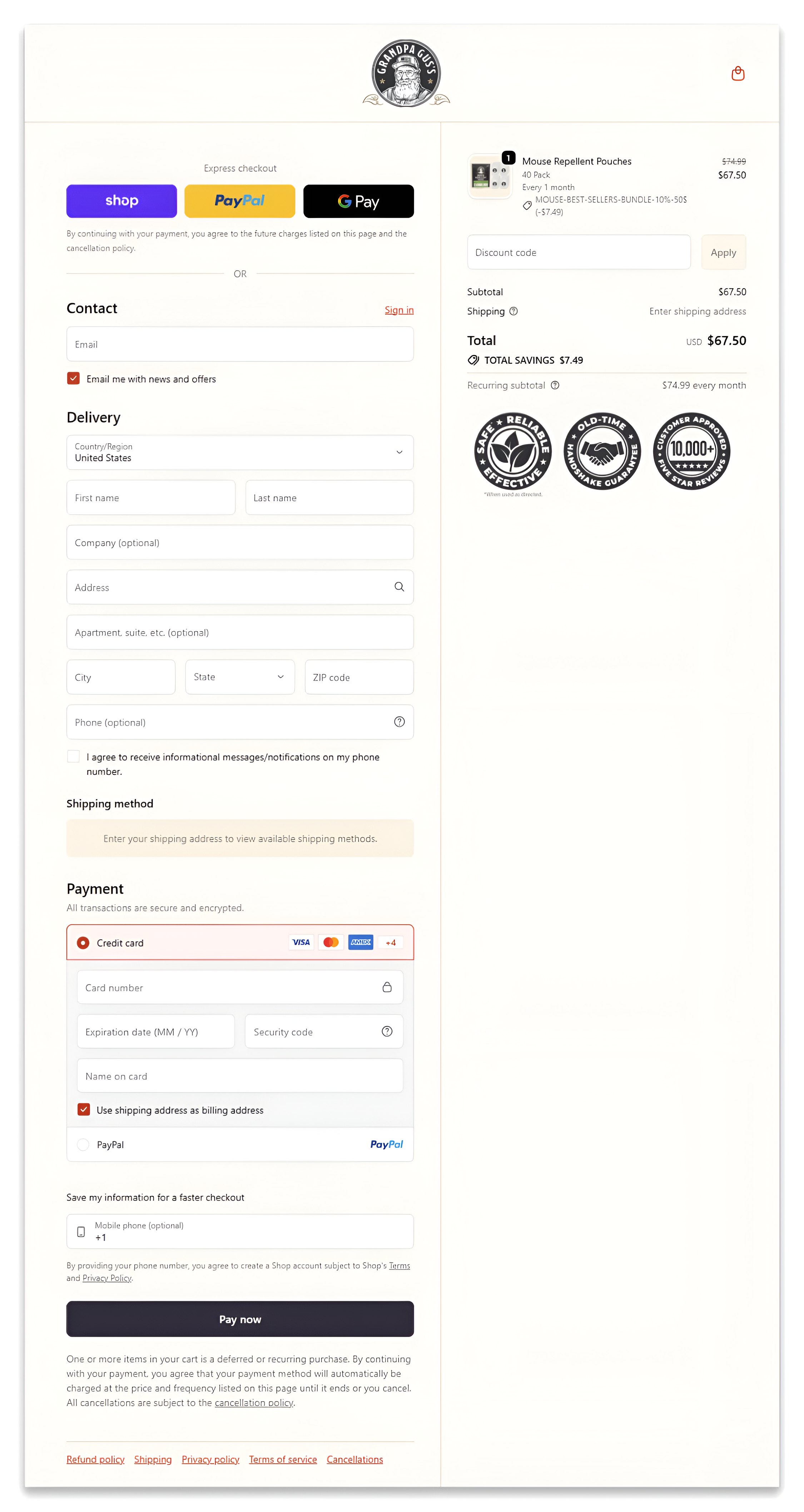 Grandpa Gus's Mouse Repellant checkout page