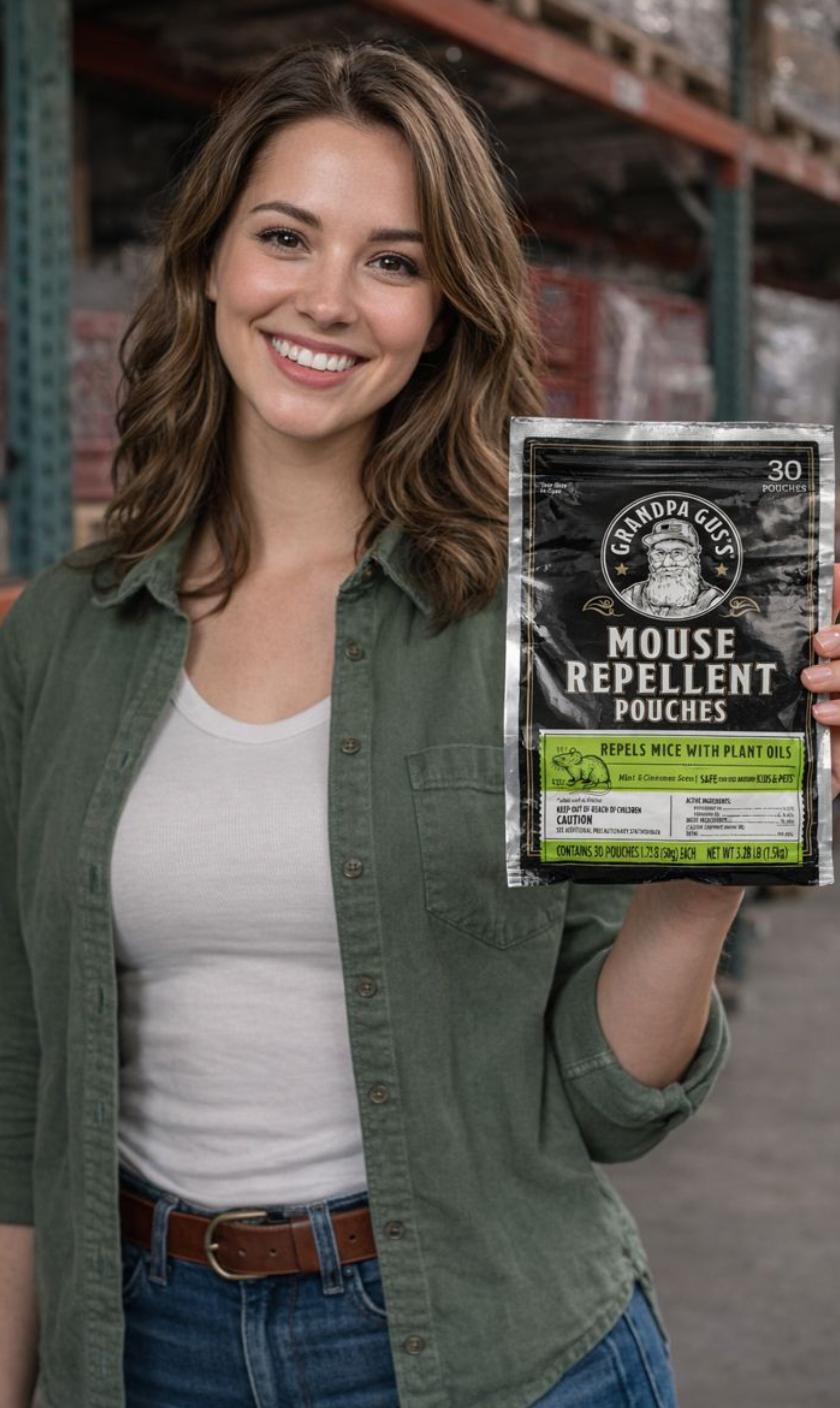 customer holding Grandpa Gus's Mouse Repellant